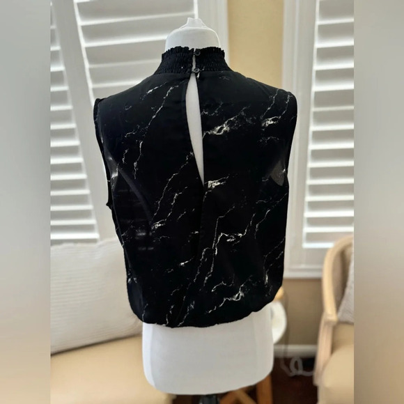 Express | Black Marbeled Sheer Smocked Neck Open Back Sleeveless Blouse - Size M - Picture 2 of 5